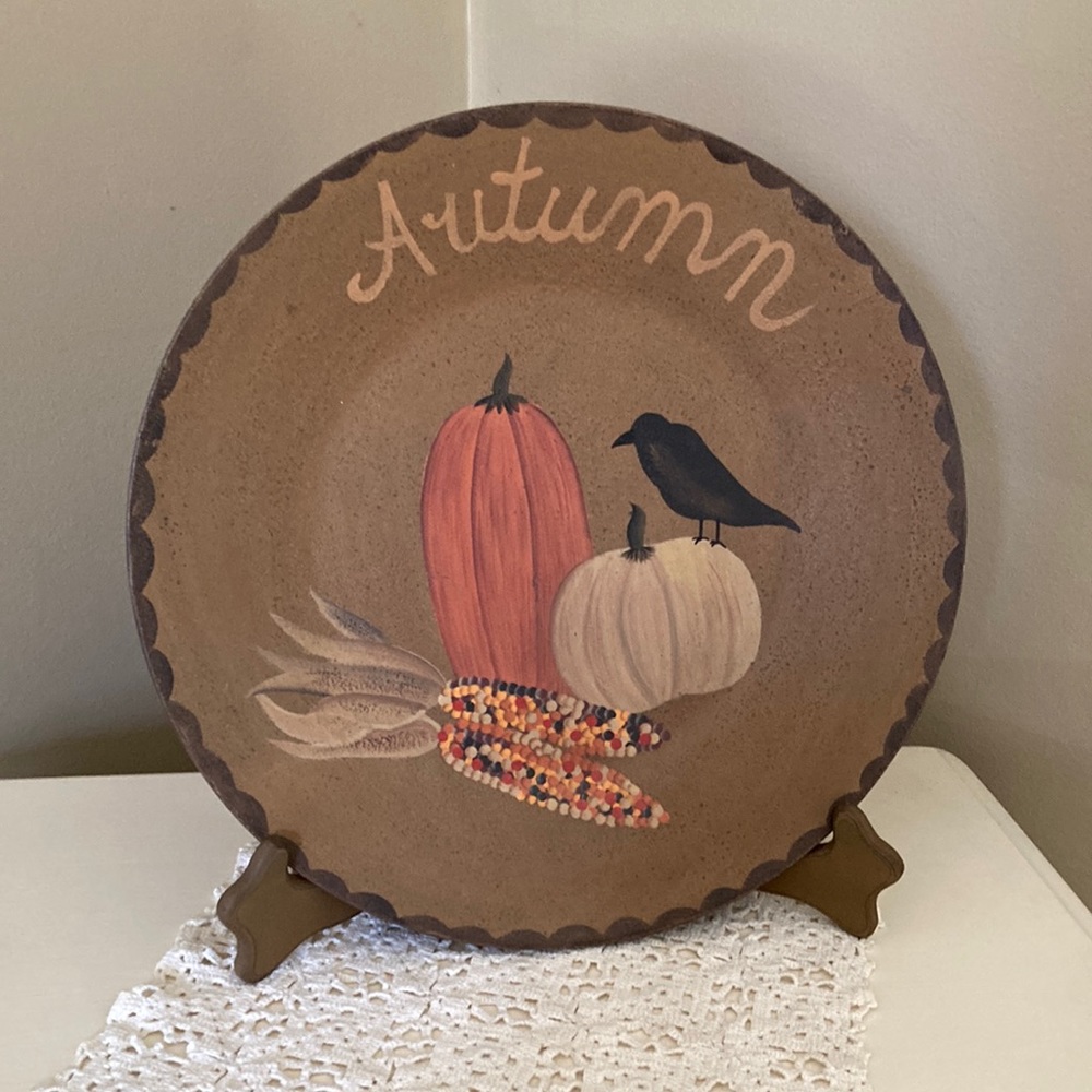 Hand Painted Wooden Autumn Plate & Stand